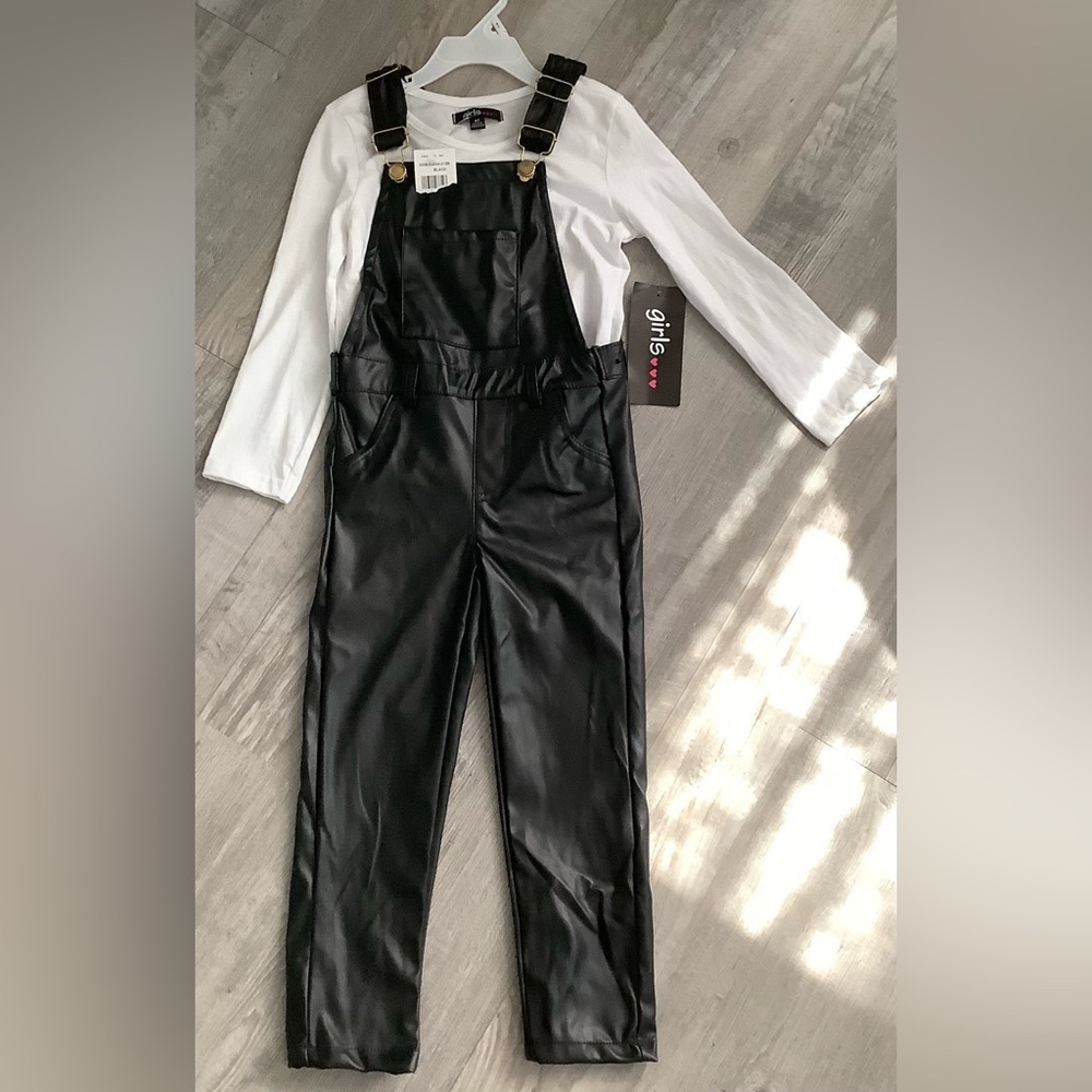 Girls Faux Leather Black Overalls With White Long Sleeve Top